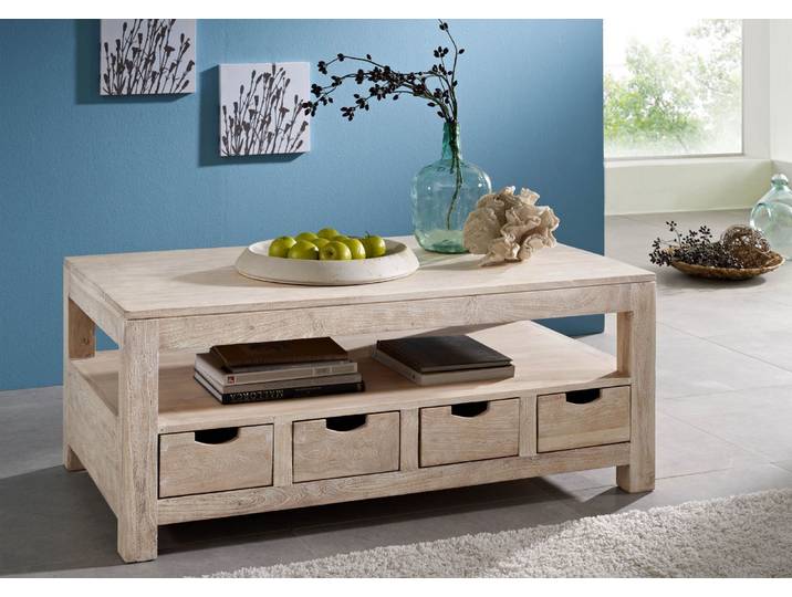 Couchtisch Akazie 120x70x50 white stone getüncht  NATURE WHITE #33