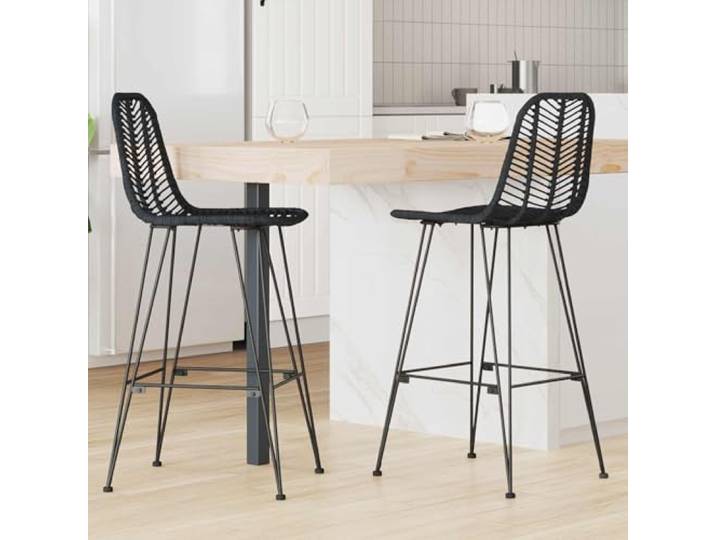 Barstuhl 2er Set Schwarz 44x52x111 cm Rattan und Eisen mit Fußstütze Hochlehndesign, Fußstütze verstärkt, natürliches Rattan, Eisenrahmen stabil, Küche und Wohnzimmer