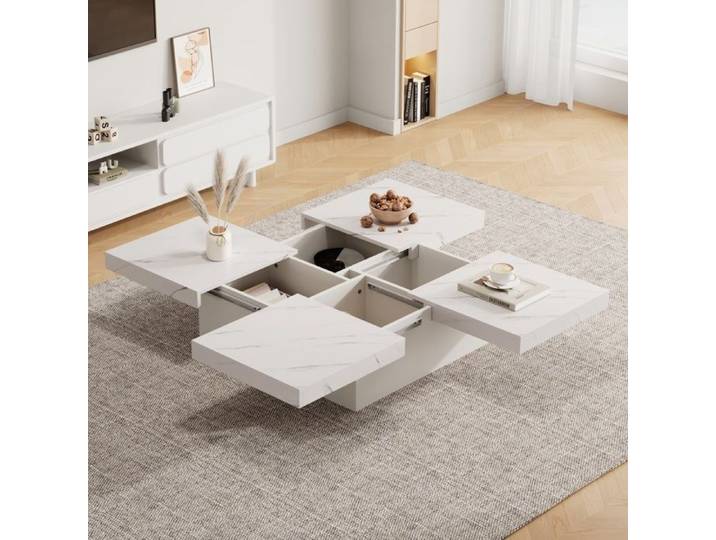 Table Basse Carrée Moderne Effet Marbre - 90x90x25cm - Table de Salon Basse Coulissante avec 4 Tiroirs - Blanc