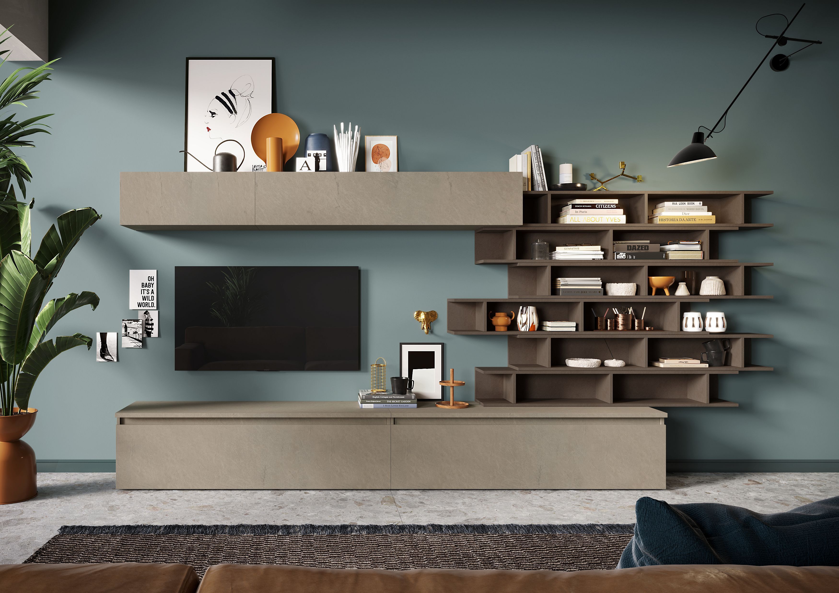Wohnwand HOME AFFAIRE "Infinity, 10tlg. Breite 345 cm, Höhe variabel, Schrankwand, Anbauwand", braun (lehmfarben (argilla), bronzo), B:345cm H:164cm T:40cm, Kastenmöbel-Sets, Wohnwand, (2x Lowboard, 2x Hängeschrank, 6x Wandregal) lehmfarben (argilla), bro