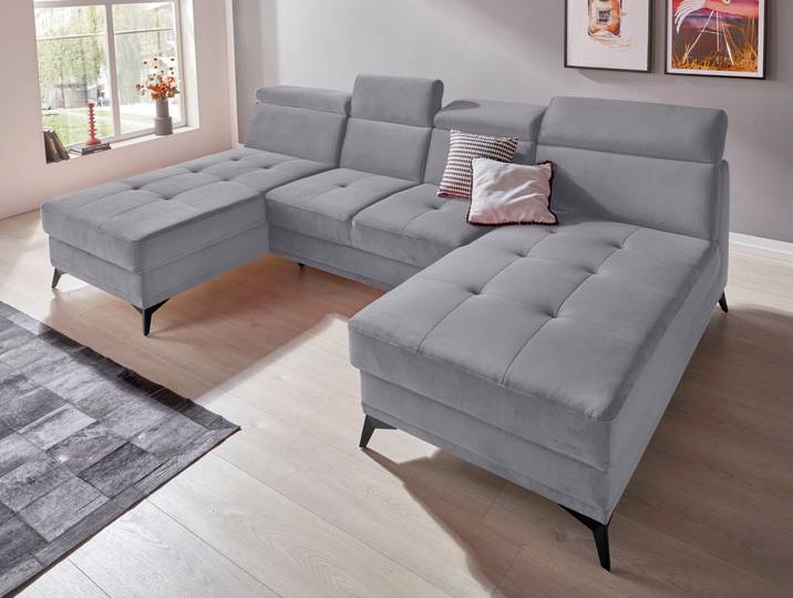Wohnlandschaft, Webstoff, Hellgrau, 296×173 cm, U-Form, Mit Bettfunktion & Kopfteilverstellung, Modern, Inosign