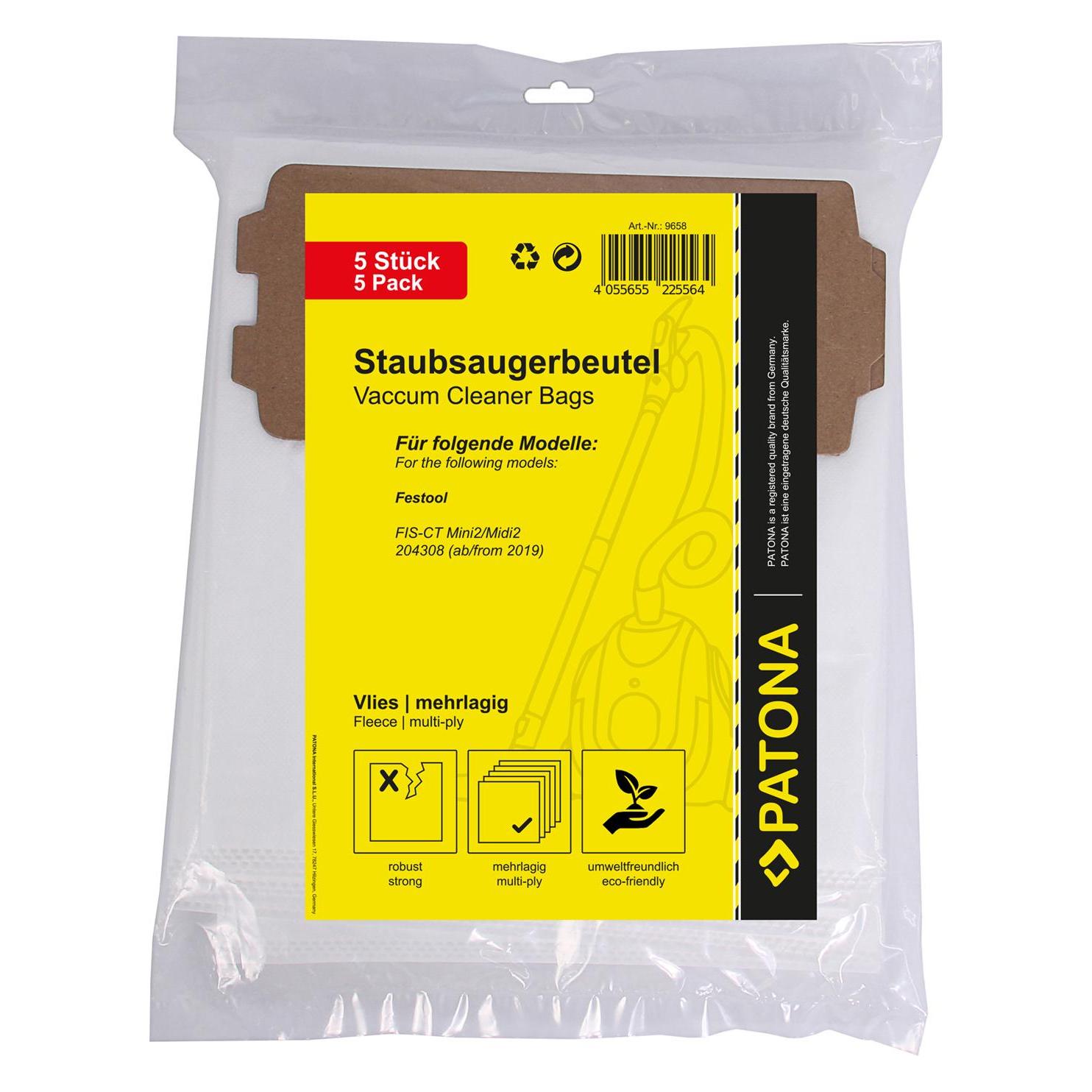 Patona 5 Staubsaugerbeutel mehrlagig Vlies inkl. Microfilter f. Festool FIS-CT Mini2 Midi2 204308 (5x) (52490417)
