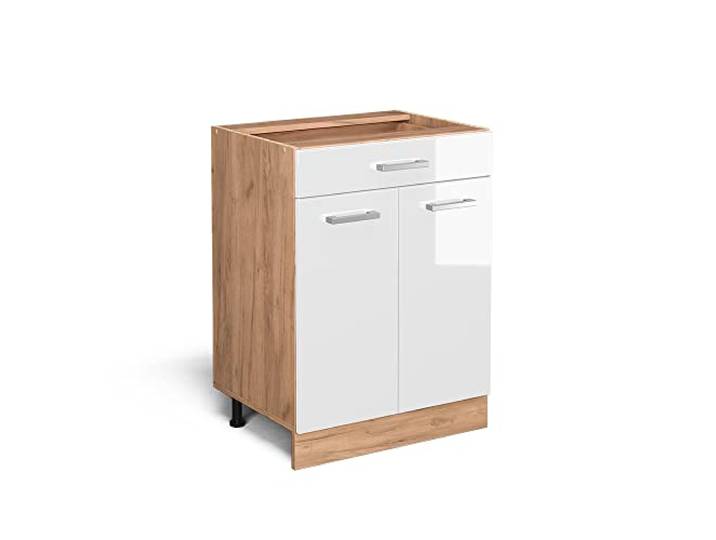 Vicco Küchenunterschrank R-Line , Weiß Hochglanz, 60 cm 1 Schublade · Ohne Arbeitsplatte · Höhenverst. Füße · 2 Türen · Leichter Zugriff