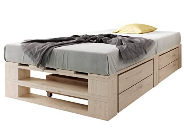 sunnypillow Paletten Bett M2 Holz 80x200cm mit Lattenrost, 2 Bett kästen Stabiles Seniorenbett Kinderbett Jugendbett Gäste Bett erhöhtes Einzelbett gestell Futonbett Komforthöhe Naturholz
