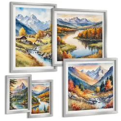 BILDER SET 5er Set - 50x50 cm & 20x30 cm & 40x60 cm Silberner Rahmen - Nachthimmel, Berge, Winter, Weltraum