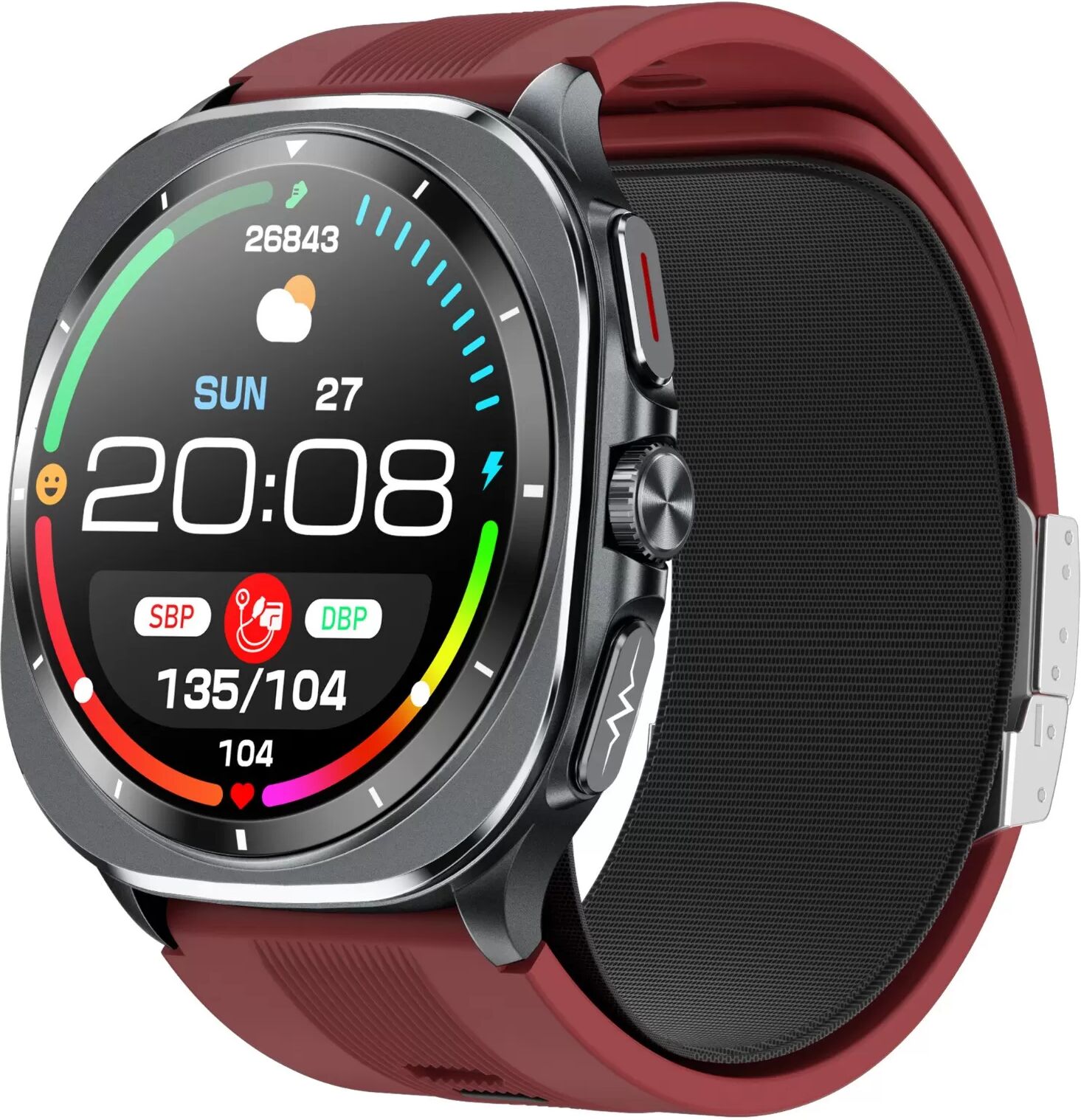 INF Smartwatch mit EKG und Blutdruck, 1.43 inch AMOLED, Bluetooth-Anrufe, NFC, 5-10 Tage Akku Rot