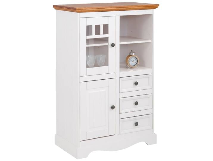 Highboard GOODPRODUCT Melissa Vitrine mit 2 Türen und 3 Schubladen, Metallknopfgriffe , gelb (weiß, honigfarben), B:80cm H:120cm T:45cm, Sideboards, Highboard, mit 2 Türen, eine davon mit Glaseinsatz, natürliche Maserung
