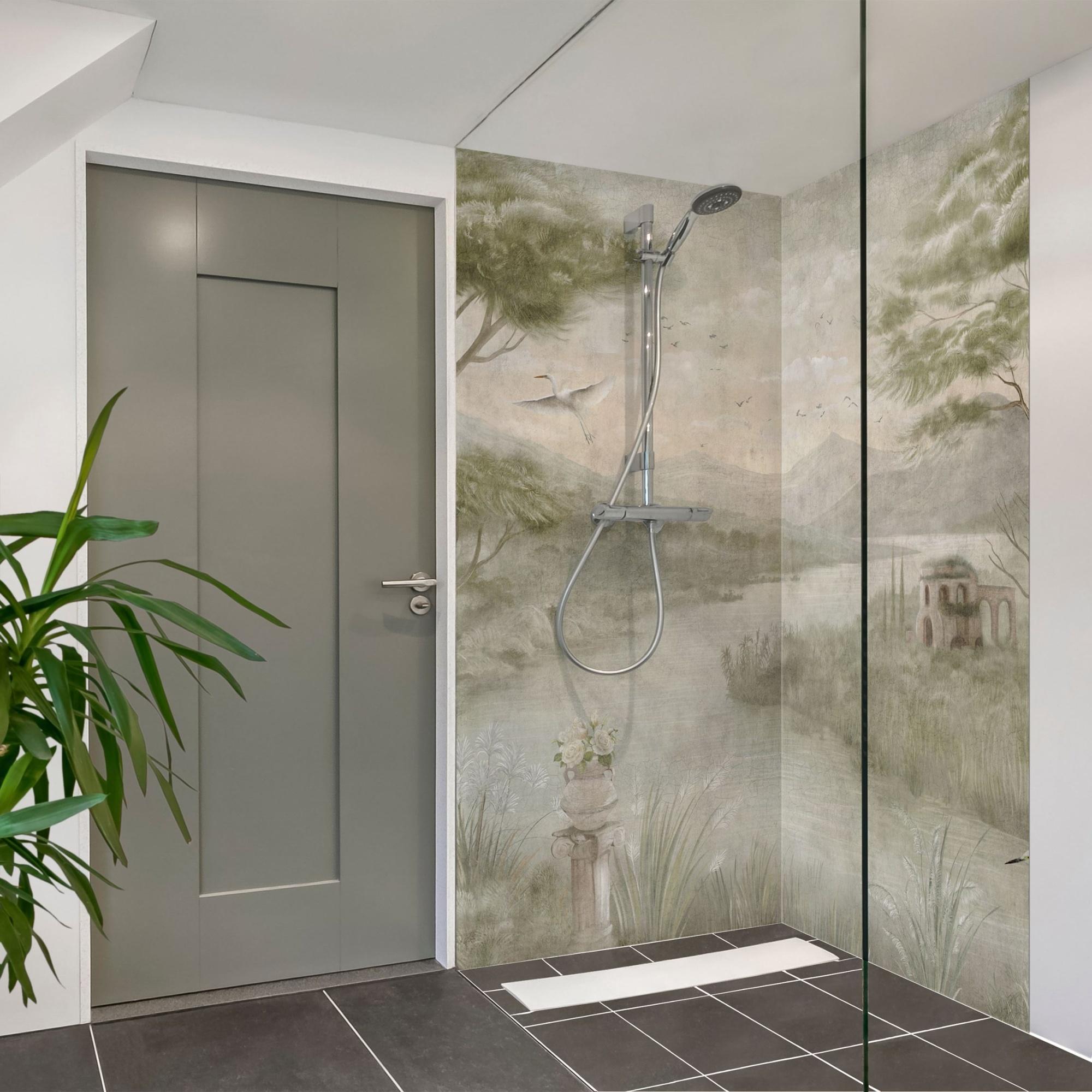 Duschrückwand Wald selbstklebend - 0.61 mm Wandpaneel wasserfest Vogel grün Vintage Badrückwand fugenlos Premium matt 110x200 cm