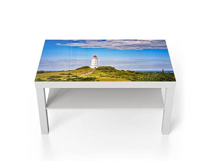 DEQORI Glastisch weiß groß 90x50 cm Motiv Leuchtturm auf Hiddensee ausgefallener Beistelltisch aus Glas Hochglanz Couchtisch fürs Wohnzimmer moderner Couch Tisch mit Design