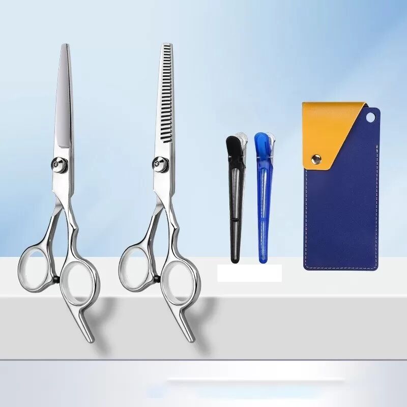 INF Ensemble de ciseaux de coiffure réglables : ciseaux droits, ciseaux à effiler et étui de rangement en cuir + 2 pinces