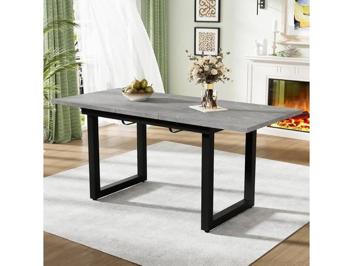 Table À Manger Extensible Rectangulaire Industrielle - Fer Moderne Minimaliste Gris + Noir Gain De Place 140 - 180x80x75cm