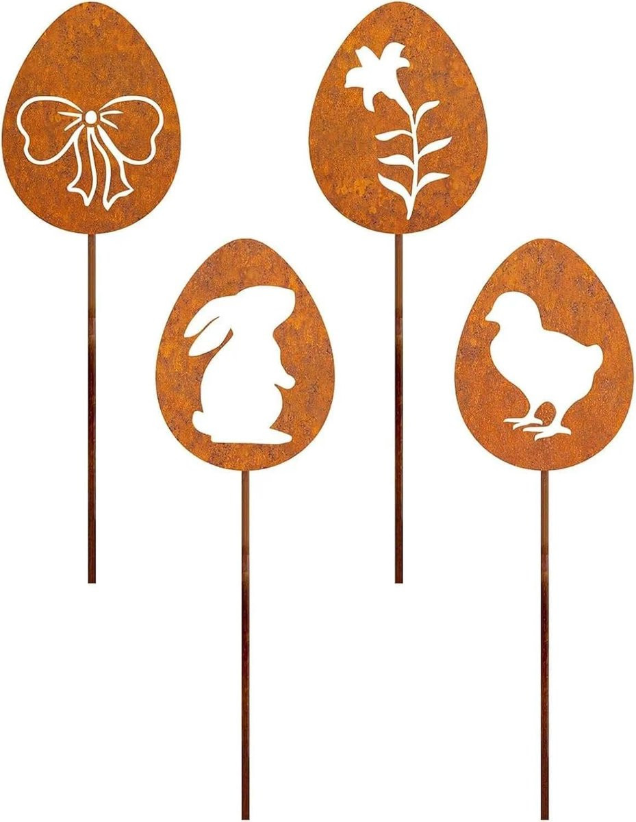 Set van 4 roestige metalen paashaas ornamenten voor tuin en balkon decoratie