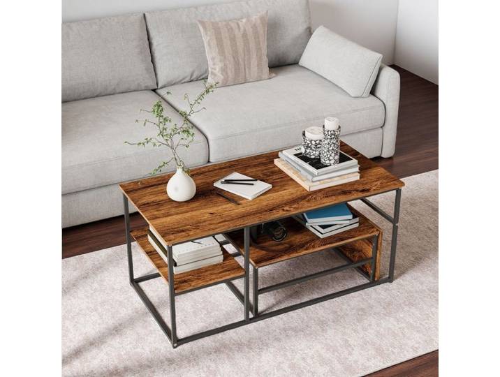 Table d'appoint Amovible - Lot de 2 - Table Basse Gigogne Carrée avec Espace de Rangement pour Salon Chambre Marron + Noir