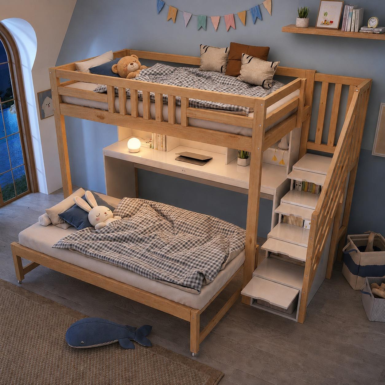 Merax Etagenbett Kinderbett 90x200 + 90x190 mit Treppenschrank, Hochbett mit Ausziehbett, Kinderbett mit Schreibtisch und Regal, EN 747-1:2024, Weiß