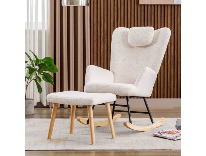 Fauteuil à bascule en peluche Teddy Bear avec appui-tête et repose-pieds en bois - Blanc