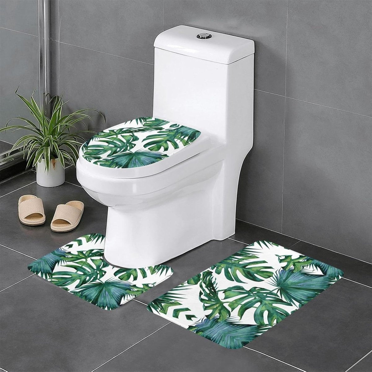 Badkamermat Set met Groene Bladeren Print - 3 Delig - Met Antislip Onderkant