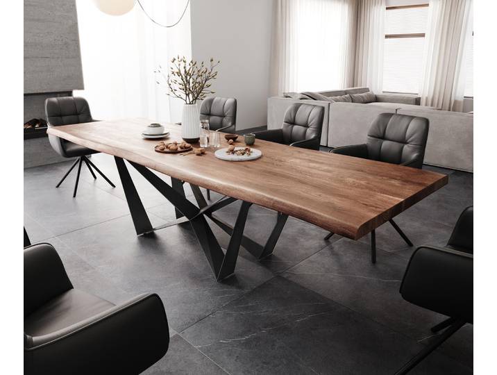 Esstisch Edge 300x100 XL Akazie Braun Spider Flachstahl Schwarz Live-Edge, Esstische, Baumkantenmöbel, Massivholzmöbel, Massivholz