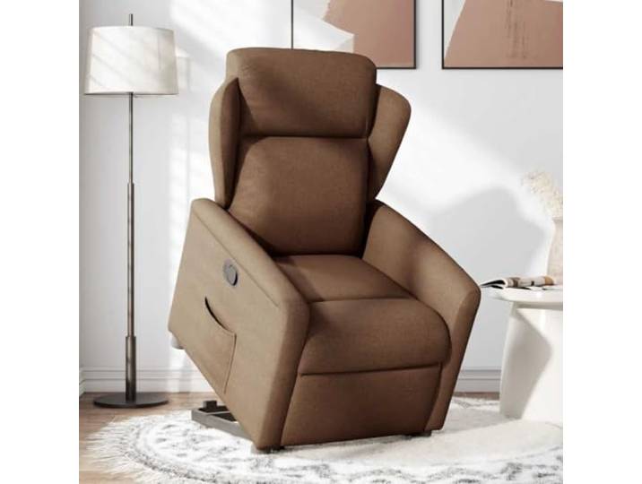 Relaxsessel mit Aufstehhilfe Braun Stoff Elektrische Aufstehhilfe,manuelle Liegefunktion bis 135 Grad,Seitentasche,Rahmen aus Holz und Metall