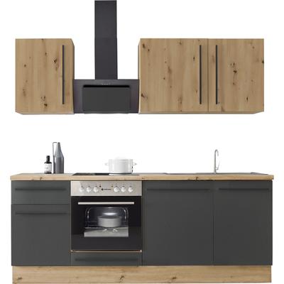 Küchenzeile KOCHSTATION "Florida mit 38mm starker Arbeitsplatte", schwarz (küche: schwarz, front: schwarz, korpus: artisan eichefarben, arbeitsplatte: artisan eichefarben), B:220cm T:60cm, Komplettküchen-Sets, Küchenzeile, Breite 220 cm, wahlweise...
