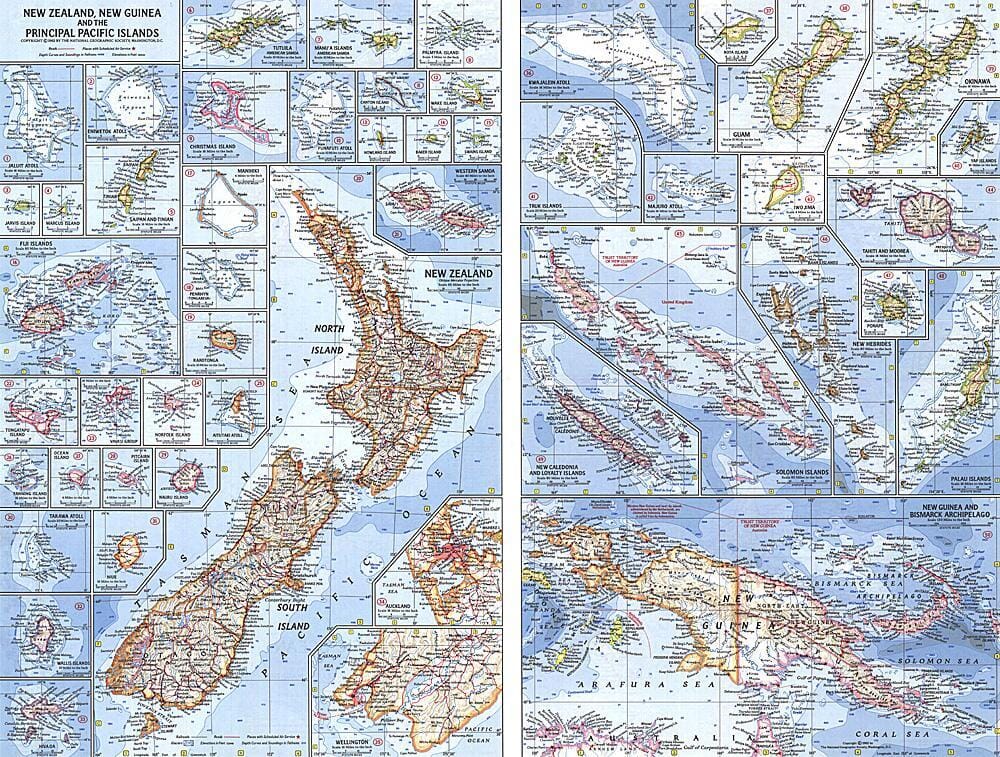 National Geographic Historic POD 1962 Carte de la Nouvelle-Zélande, de la Nouvelle-Guinée et des principales îles du Pacifique