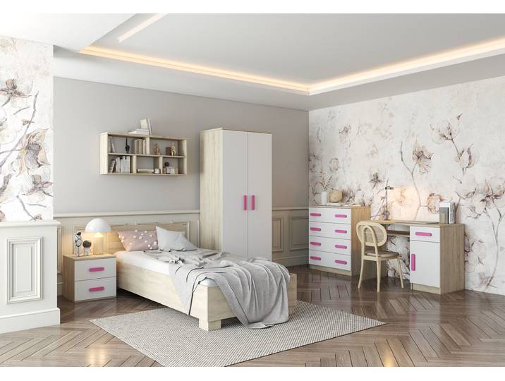 Kinderzimmer Komplett - Set JONAS III 05 (5-teilig) Sonoma Eiche Weiß Rosa
