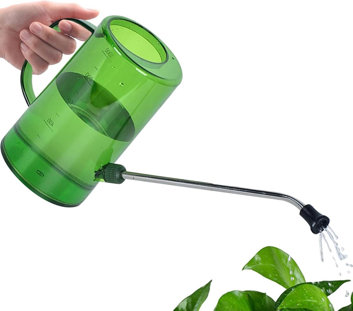 Groene gieter met lange roestvrijstalen tuit voor het water geven van planten, 1 liter