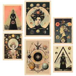 POSTER Set Mit 6 Mystischen & Esoterischen In Beige & Schwarz Zur A3 & A4 Rahmen Aus Hellem Holz
