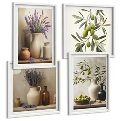 BILDER SET 4er Set - 50x50 cm & 40x60 cm Weißer Rahmen - Blumen in Vasen als Dekoration