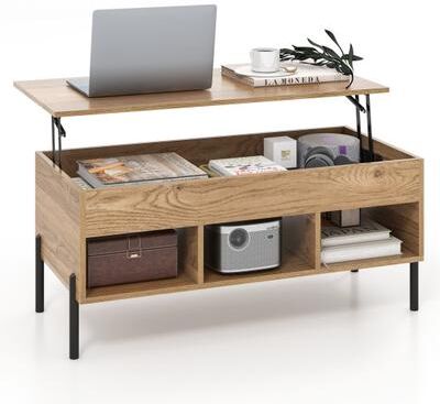 Costway Living Room Central Table with Lifting Tabletop and Metal Legs-Natural