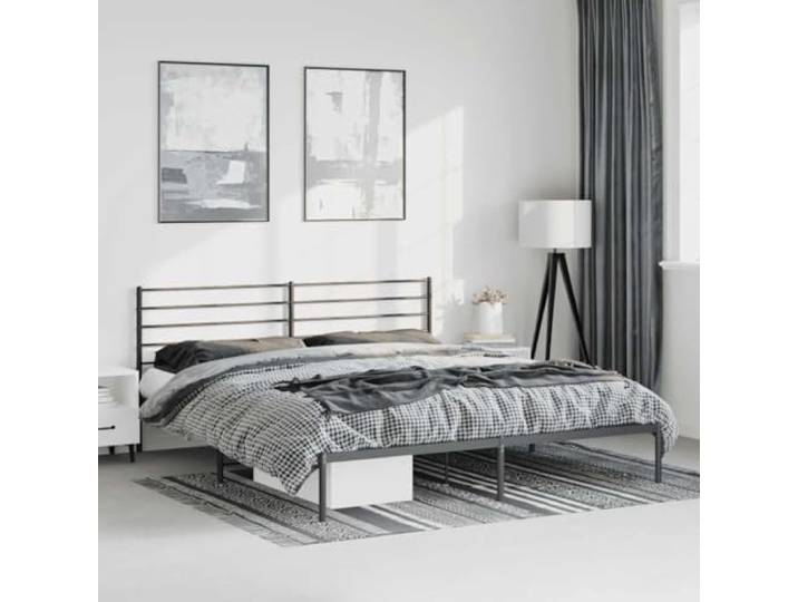 RJPLMFV Bettgestell, Metall, Schwarz, 183 x 213 cm, mit Kopfteil Pulverbeschichteter Stahl, inklusive Latten, Stauraum unter dem Bett, Rückenstütze