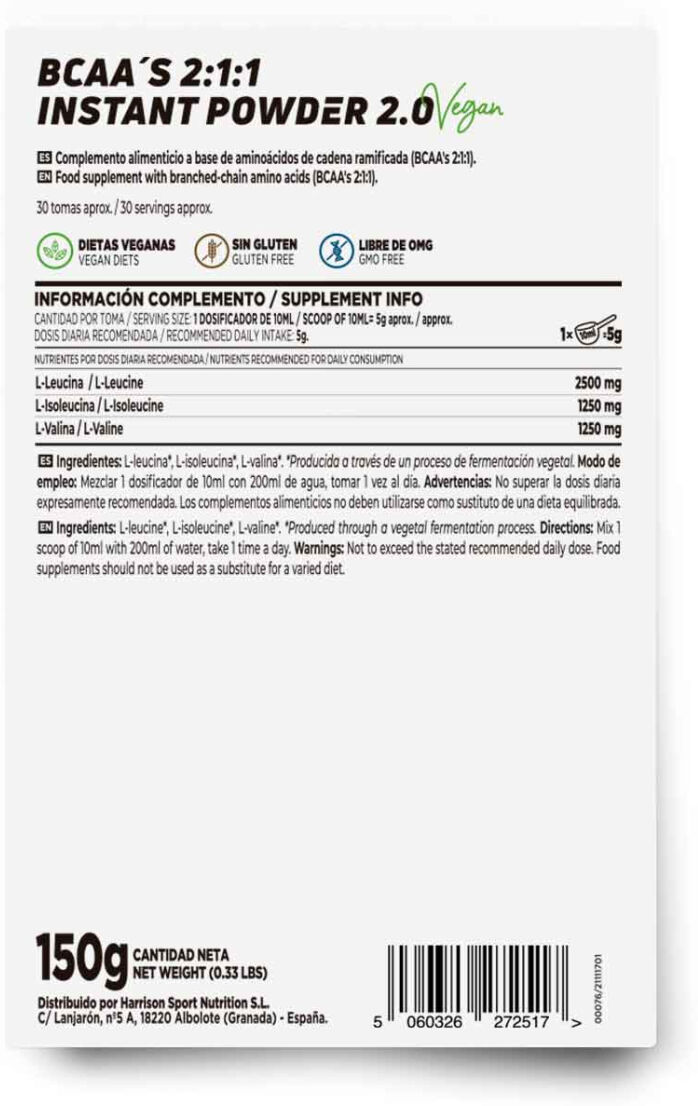 HSN BCAA's instantáneo 2:1:1 2.0 150g sin sabor - BCAA's (Aminoácidos Ramificados) - Polvo - 30  Servicios