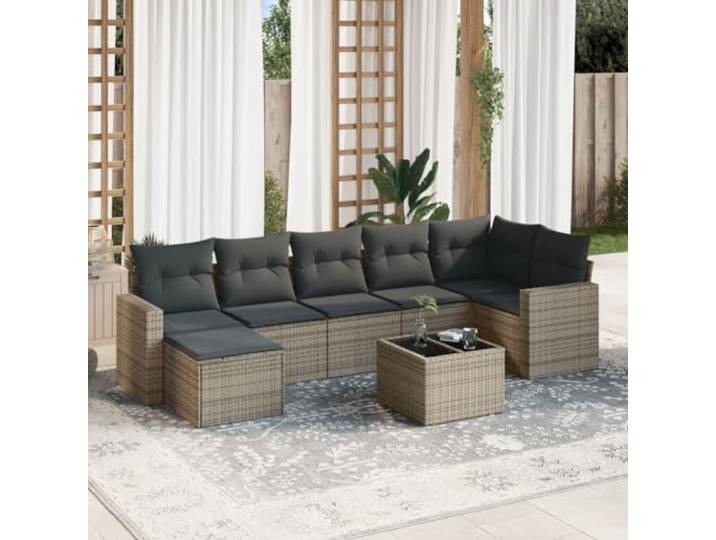 KTHLBRH Gartenmöbel-Set 8-teilig mit grauen Kissen aus Polyrattan Modular, wetterfest, abwaschbare Bezüge, Glastisch, Terrassentisch