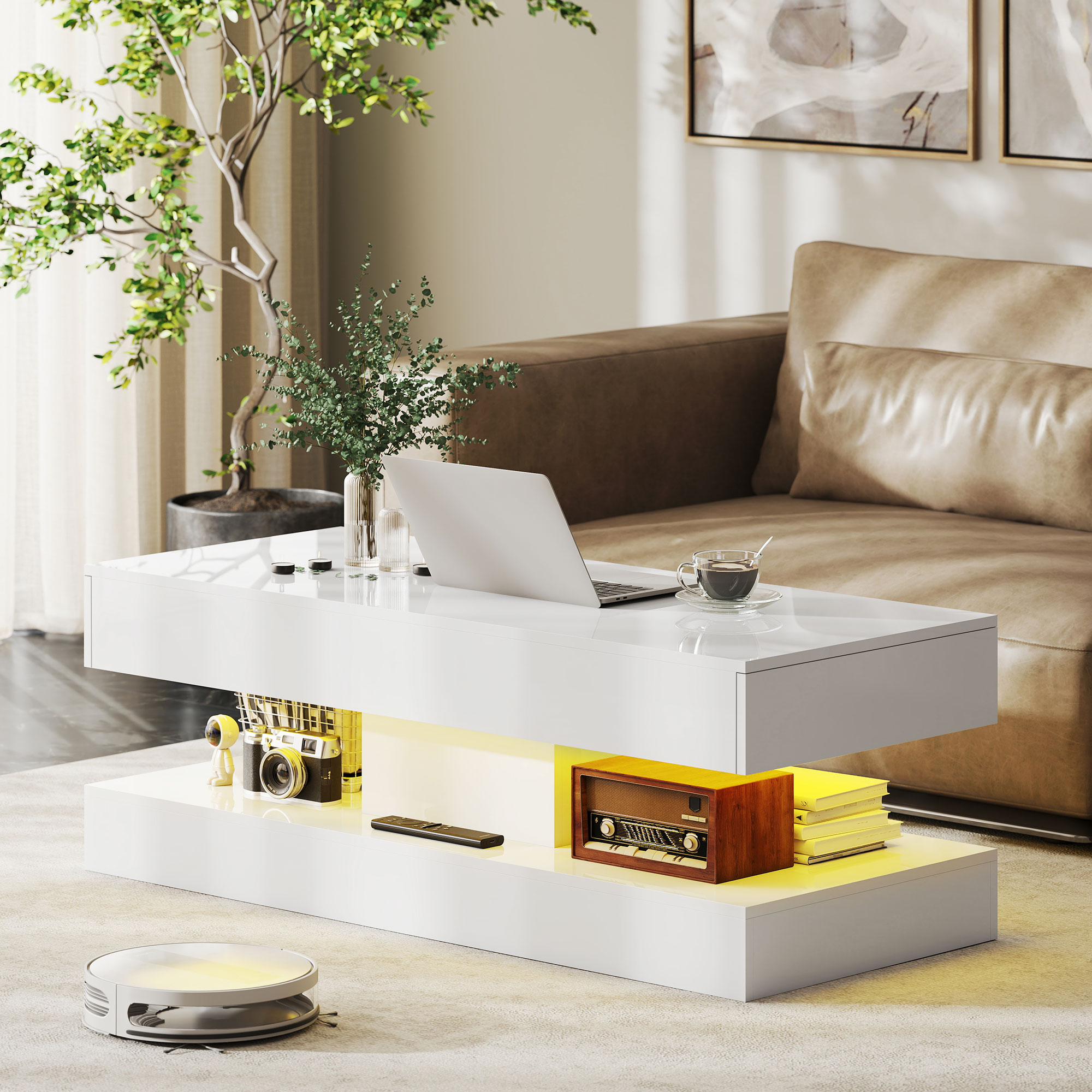 Homcom Tavolino da Salotto con Cassetti e Luci LED, Tavolino da Caffè Moderno con Ripiano Aperto, Tavolino, Truciolato, Bianco   Aosom Italy