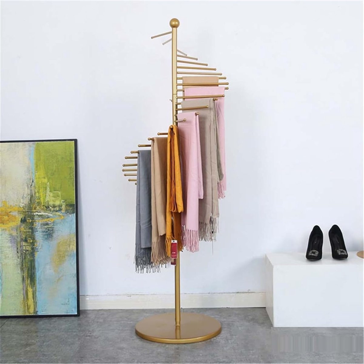 Sjaal Displayrek Spiraalhouder Organizer in Goud met Robuust IJzeren Frame, Hoogte: 170 cm