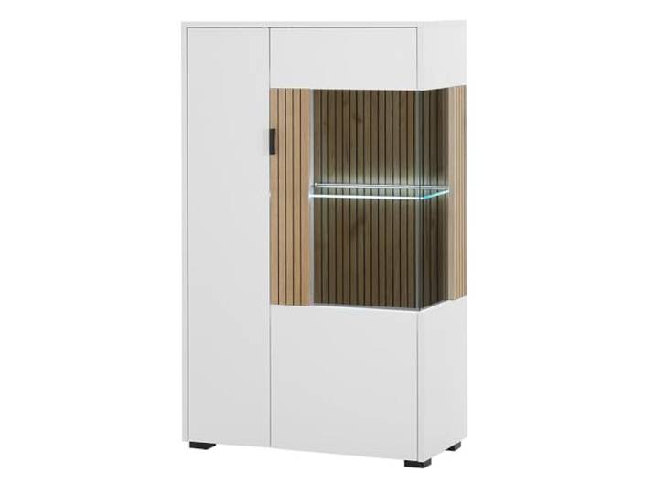 Lomadox Highboard Vitrine Vitrinenschrank Standvitrine modern Glastür weiß matt Eiche gerillt 75x125x38 cm