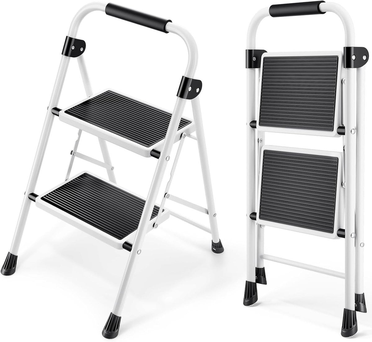 Famanu Trapladder met 2 treden, inklapbare opstapkruk met antislip voeten en handvat, wit