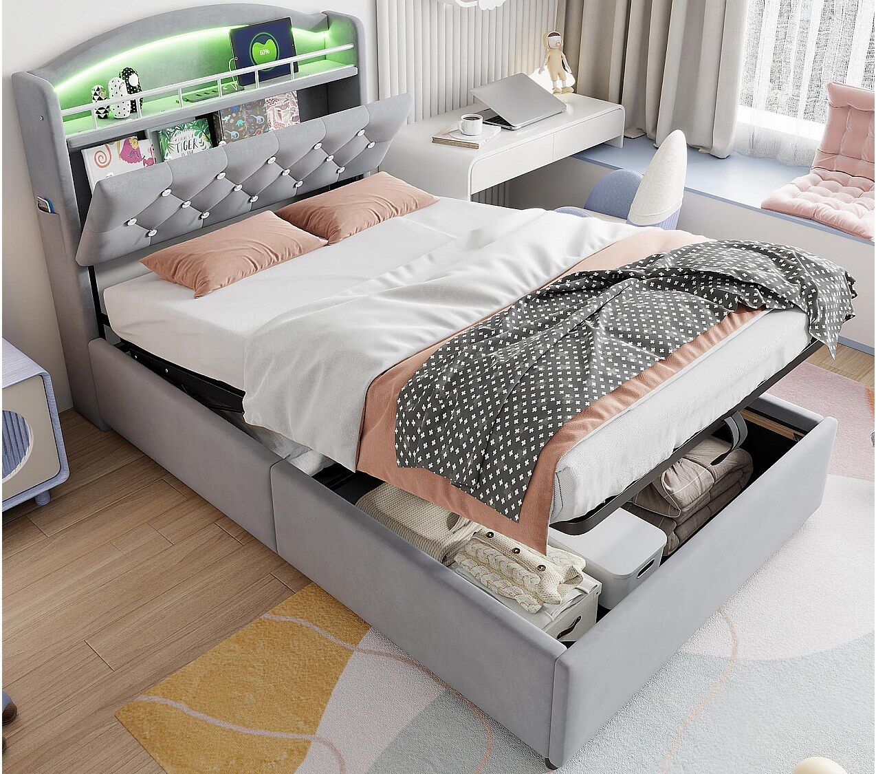 ModernLuxe Kinderbed met opbergruimte 90x200cm - Fluweel - - met LED - met USB - Grijs (matras niet inbegrepen)