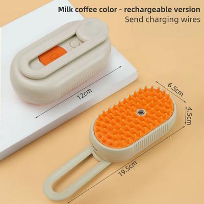 Inspired Finds 3 in 1 Pet Steam Brush With Spray Button Foldable Rotating Grooming Brush For Cats And Dogs coffee