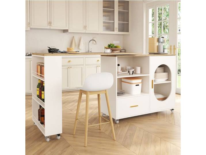 ROVRYN Îlot central de cuisine mobile extensible 120-180 cm plateau pivotant 360° MDF blanc et naturel