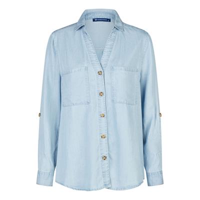 Jeansbluse NAVIGAZIONE "NAVIGAZIONE Bluse", Damen, Gr. 46, blau (lt blau denim), Casual, regular fit, V-Ausschnitt, Blusen Jeansbluse, leichter Denimstoff