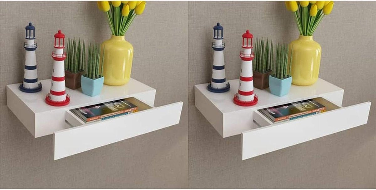 Wit Zwevende Wandplank met lade - 48 cm