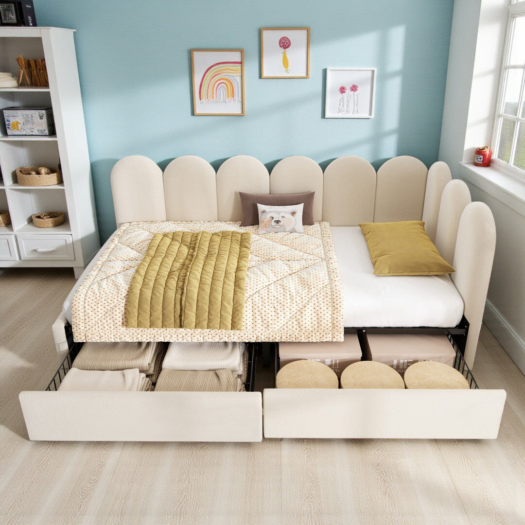Canora Grey 3ft Daybed Sofa Bed With 2 Drawers Velvet Beige 76cm H X 94cm W X 199cm L