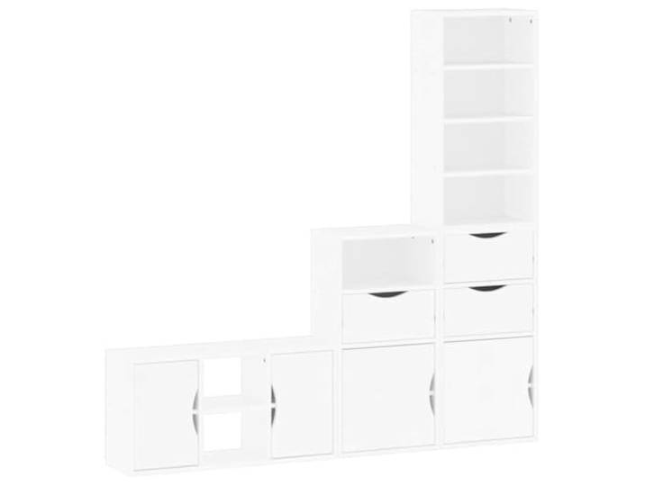 Roanoer 4-TLG. Wohnwand ODDA aus Massivholz Kiefer in Weiß Modulare Anordnung fürs Wohnzimmer mit flexiblen Kombinationsmöglichkeiten, viel Stauraum und robuster Oberplatte.