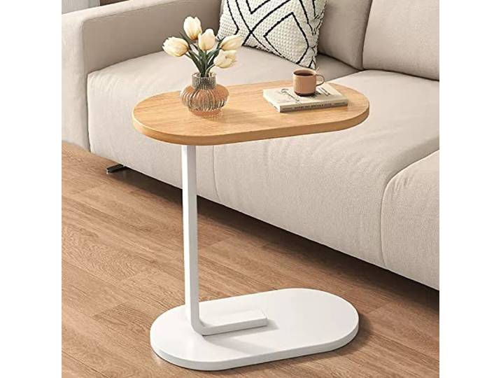 Couch-Beistelltisch aus Holz - C-förmiger Tisch für Wohnzimmer, Büro & Balkon - Ovaler Snack-Tisch Mit Rutsche Unter Design - Perfekter Sofakzentisch