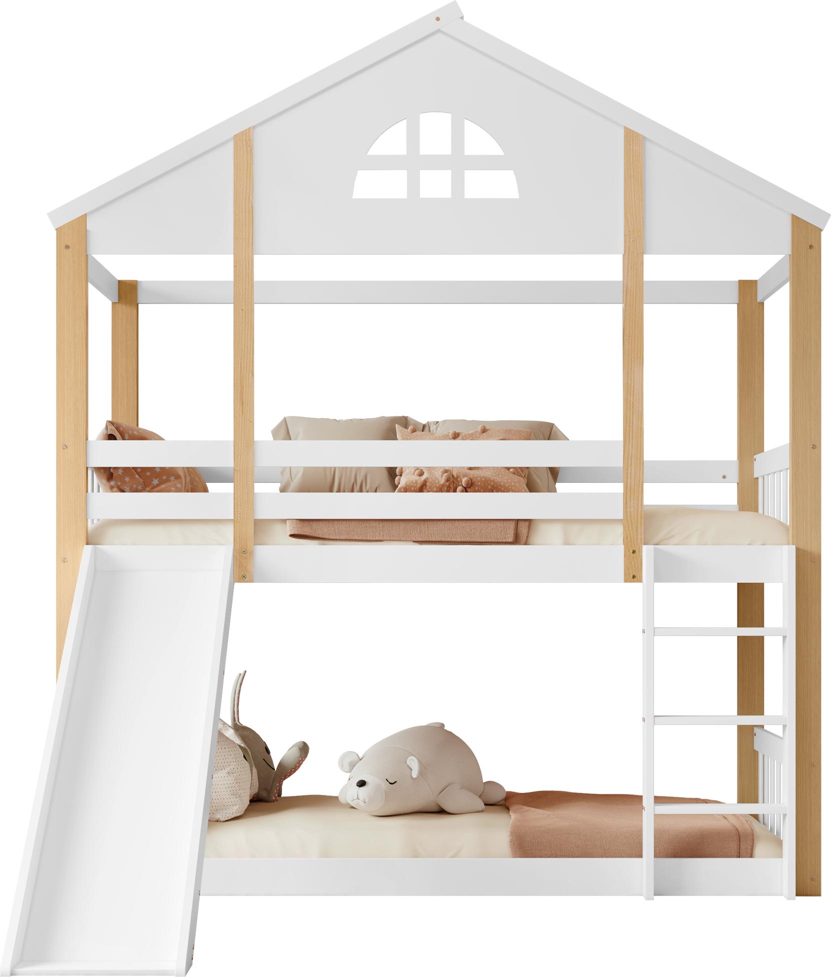 Etagenbett mit 2 Liegeflächen, Lattenrost, Rausfallschutz, Leiter und Rutsche, Kinderbett, 90x200 cm