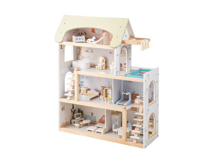 COSTWAY Puppenhaus, Holz, Kinder Dollhouse mit 33 Möbelstücken ab 3 Jahren