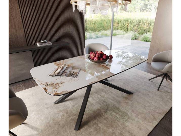 DELIFE Esstisch Edge Boot 200x100 Keramik Minas Melange Weiß-Beige Kreuzgestell Rechteck Schwarz
