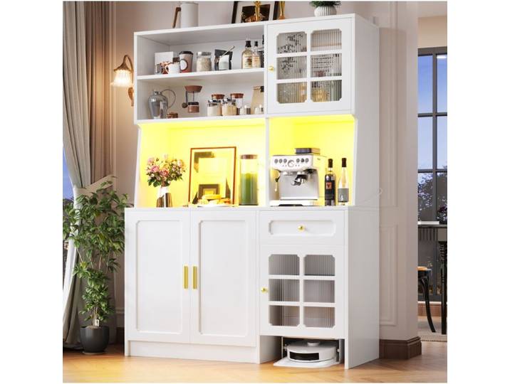 Meuble rangement cuisine colonne haut blanc 130x45x180 cm avec portes vitrées LED et tiroirs VEVXYN