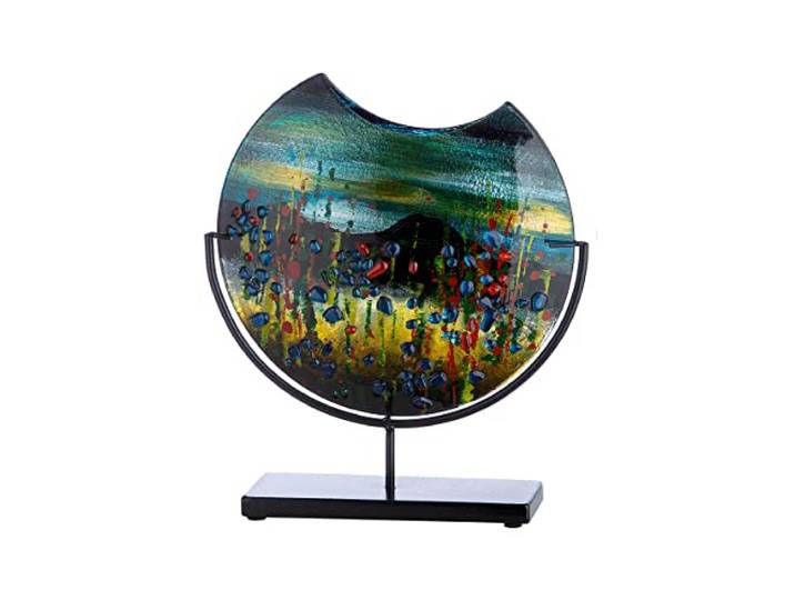 GILDE GLAS art Deko runde Vase auf schwarzem Metall Fuß - handbemalt mit Glaselementen - Kunstobjekt Mehrfarbig Höhe 37 cm
