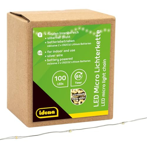Idena Micro LED-lichtketting met 100 warm witte LED's en 6 uur timerfunctie, 10,2 m lang